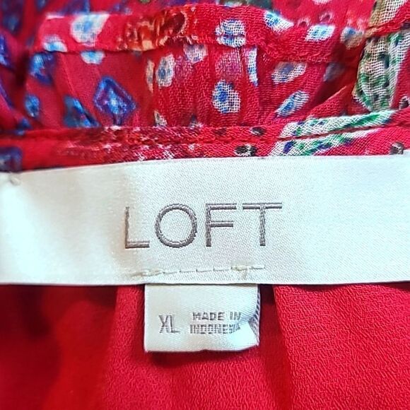 LOFT Red Sheer Blouse, Blue & White Print, Ruffled Collar & Cuffs, Size XL - Picture 12 of 13